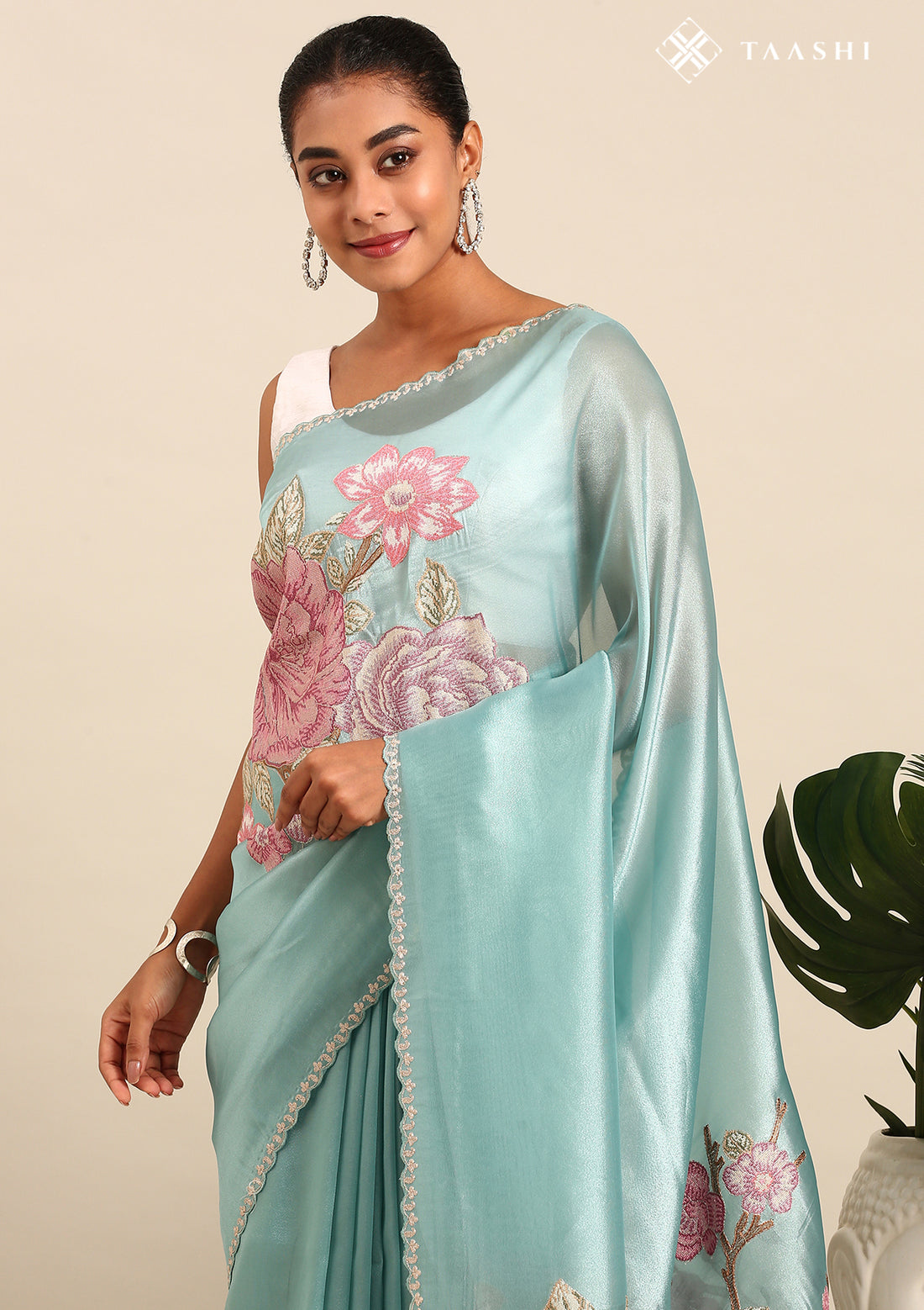 Pastel Blue Placement Embroidered Tissue Saree