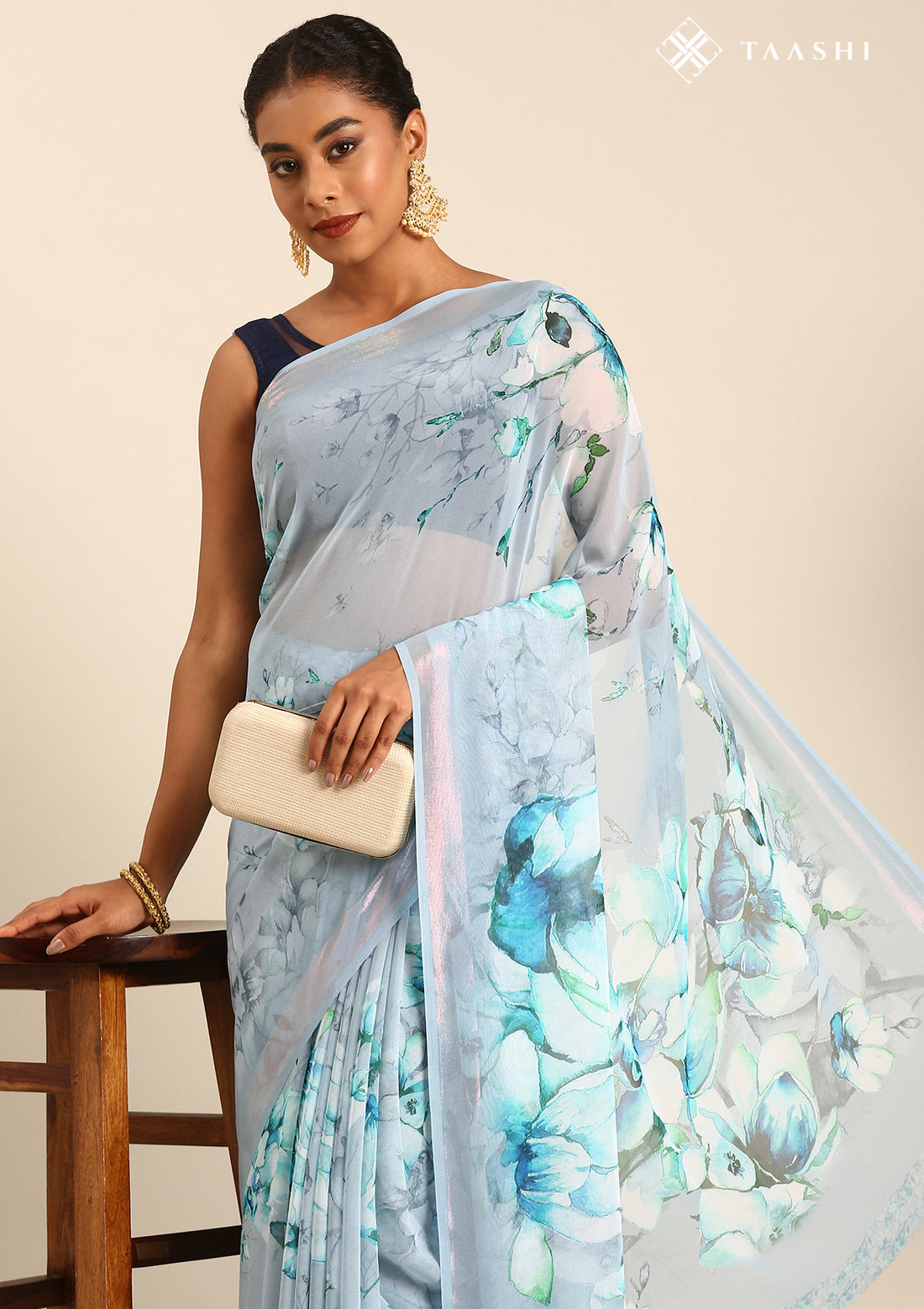 Pastel Blue Watercolor Floral Printed Georgette Saree