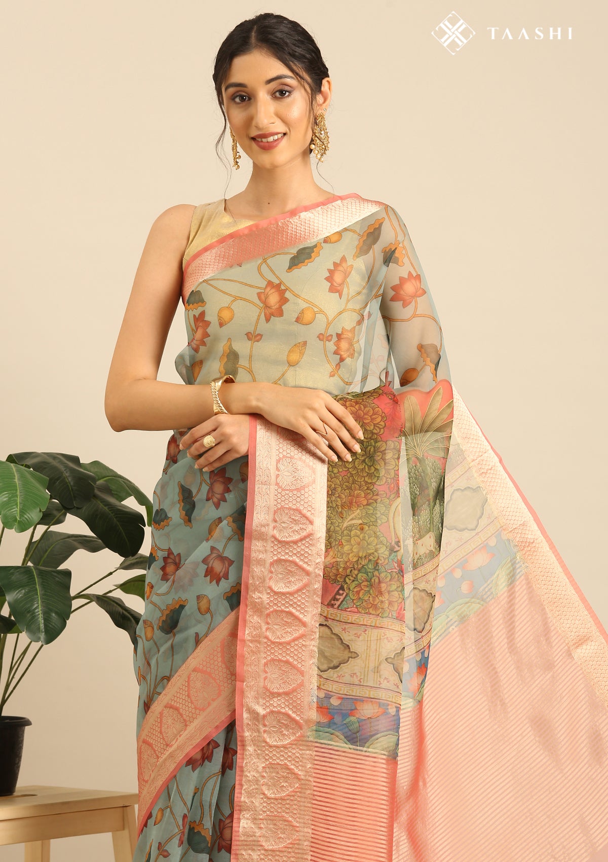 Pastel Pink And Blue Nature InspiRed Printed Organza Saree - Taashi