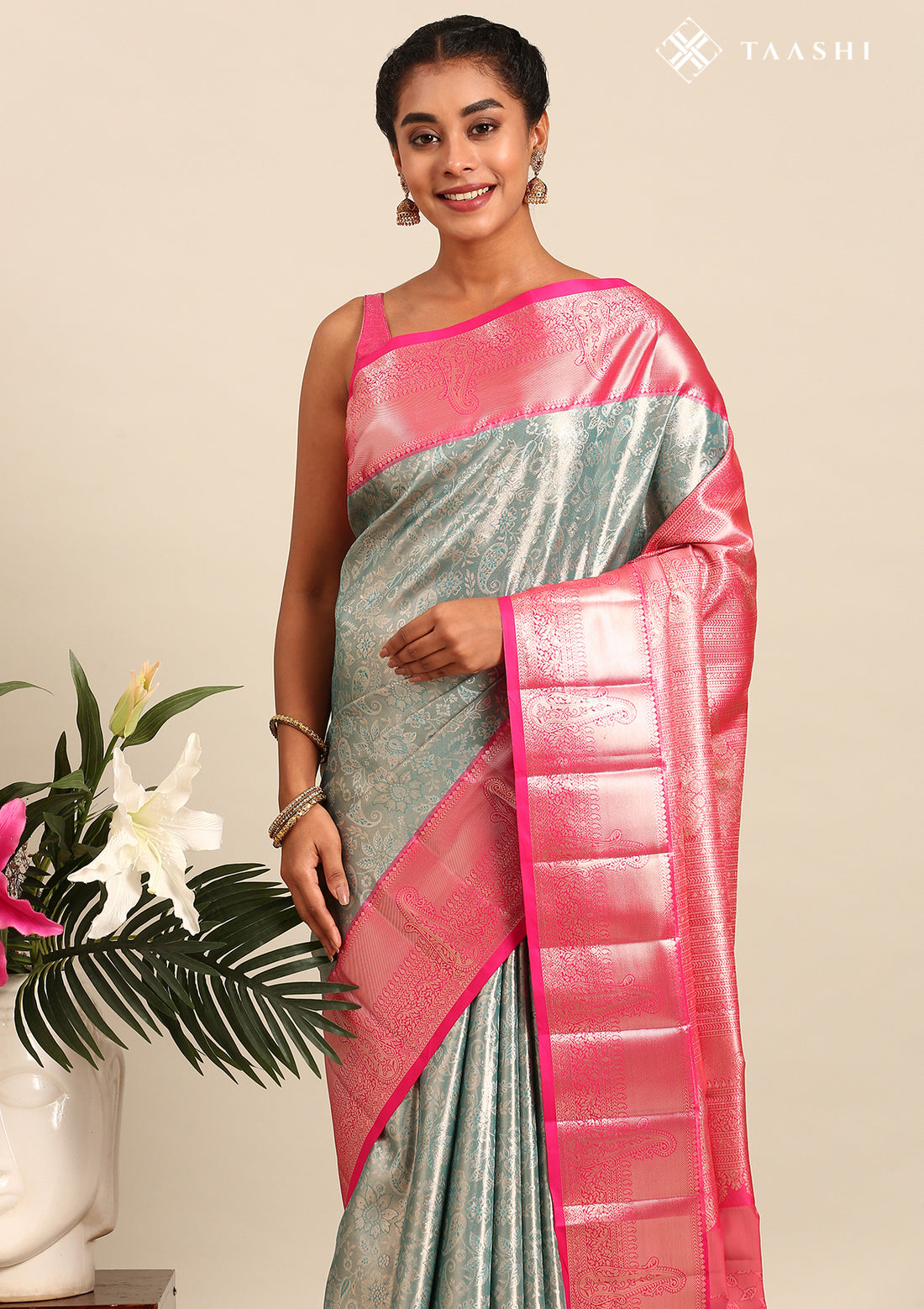 Teal And Pink Kanchipuram Saree