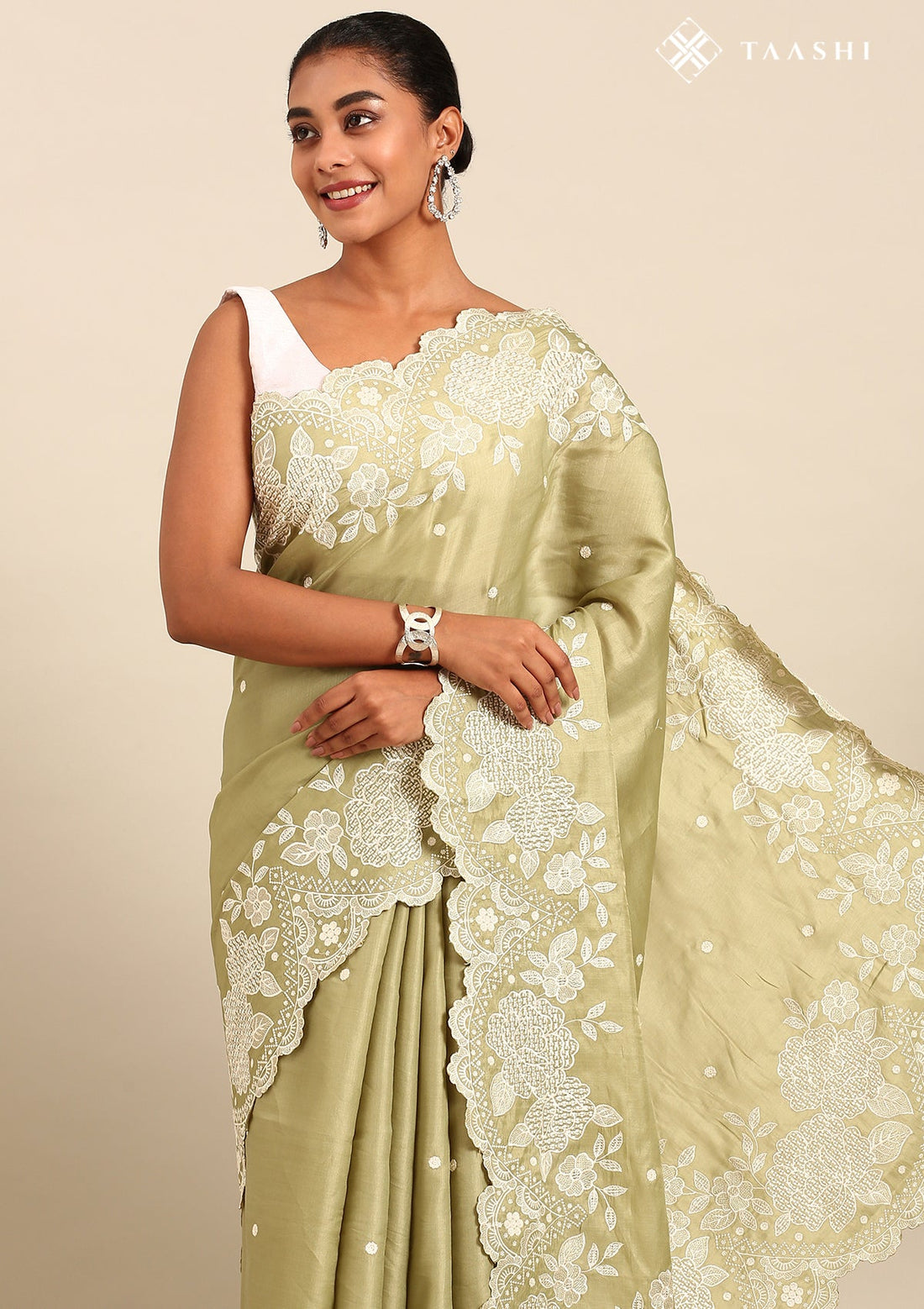 Dusty Green Tussar Contemporary Embroidered Saree