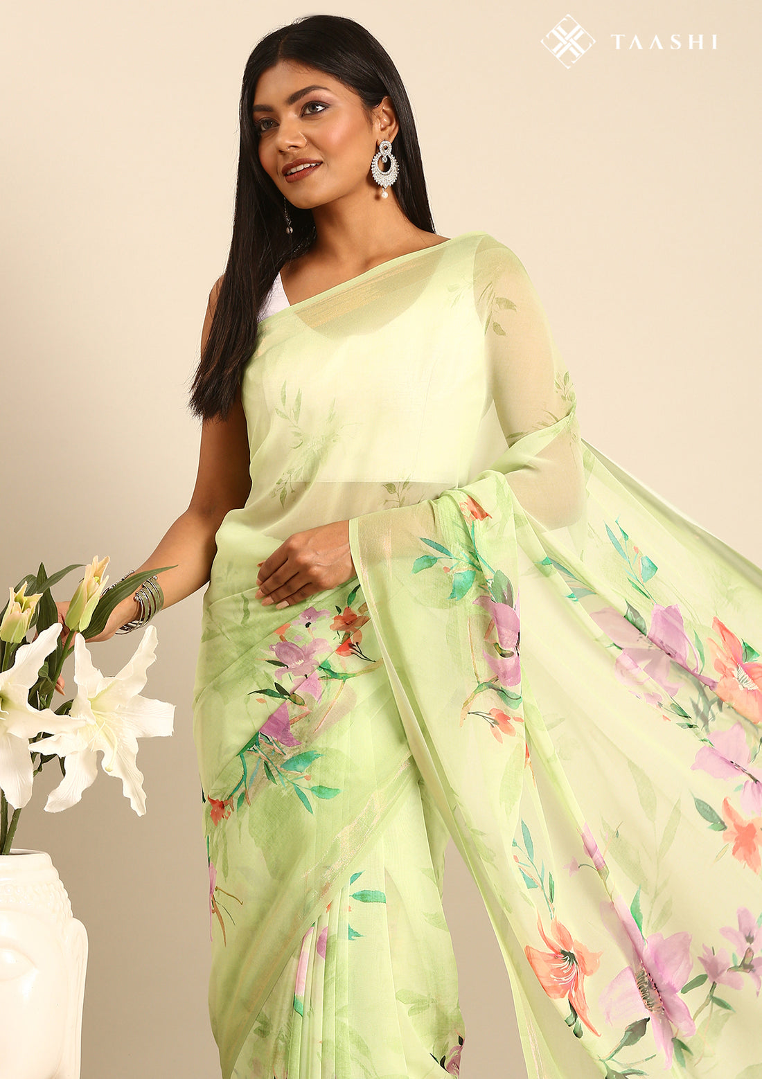 Pastel Green Multicolor Floral Printed Georgette Saree
