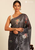 Metallic Charcoal Printed And EmbroideRed Organza Saree - Taashi