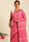 Pink Batik Floral Butta Printed Cotton Saree - Taashi