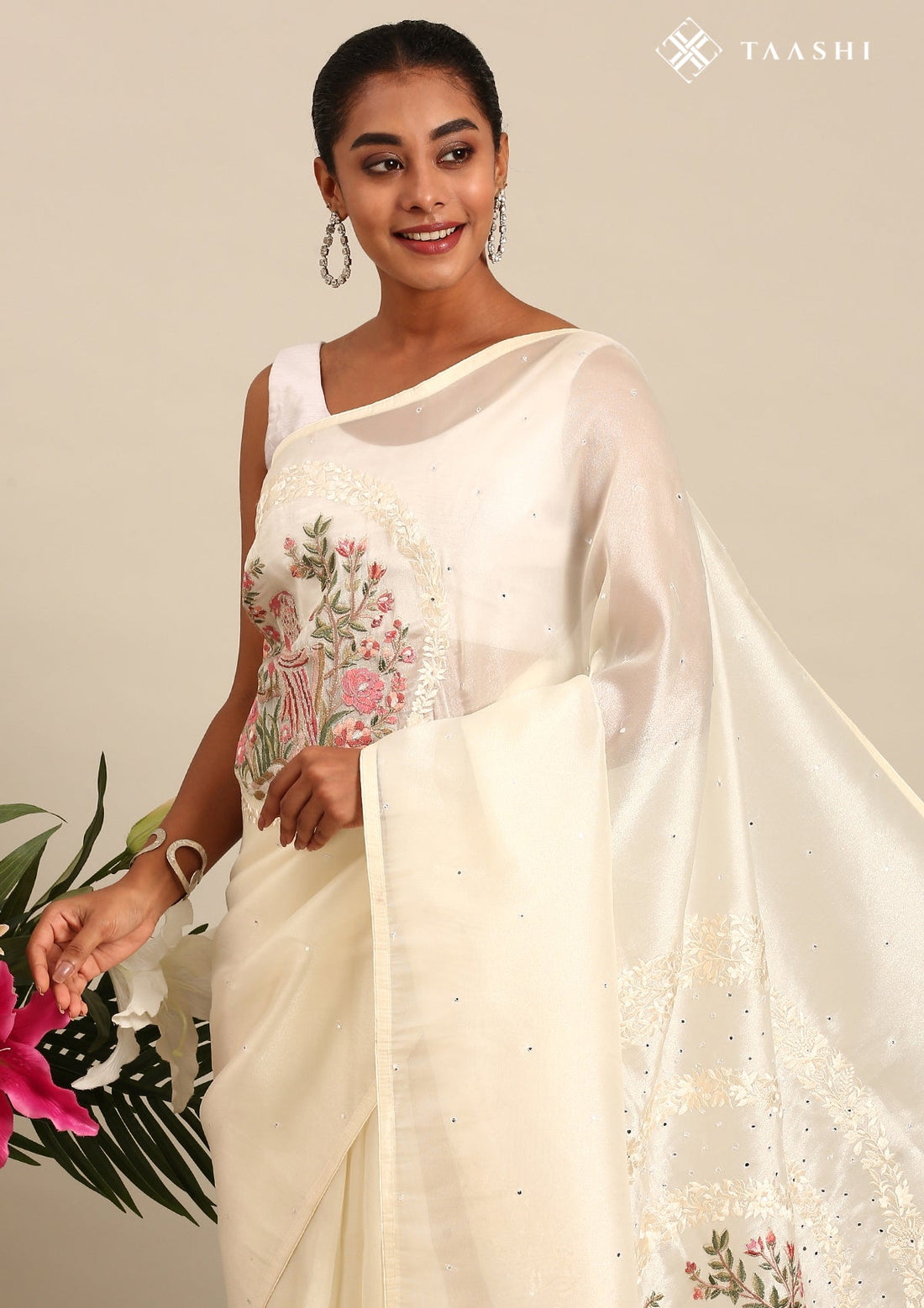 Off White Tissue Contemporary Embroidered Saree