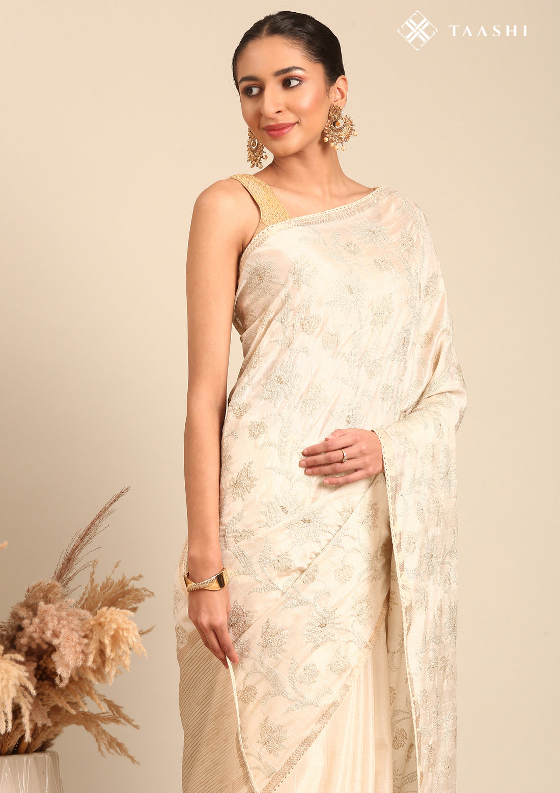 Cream Fancy Embroidery Tussar Saree