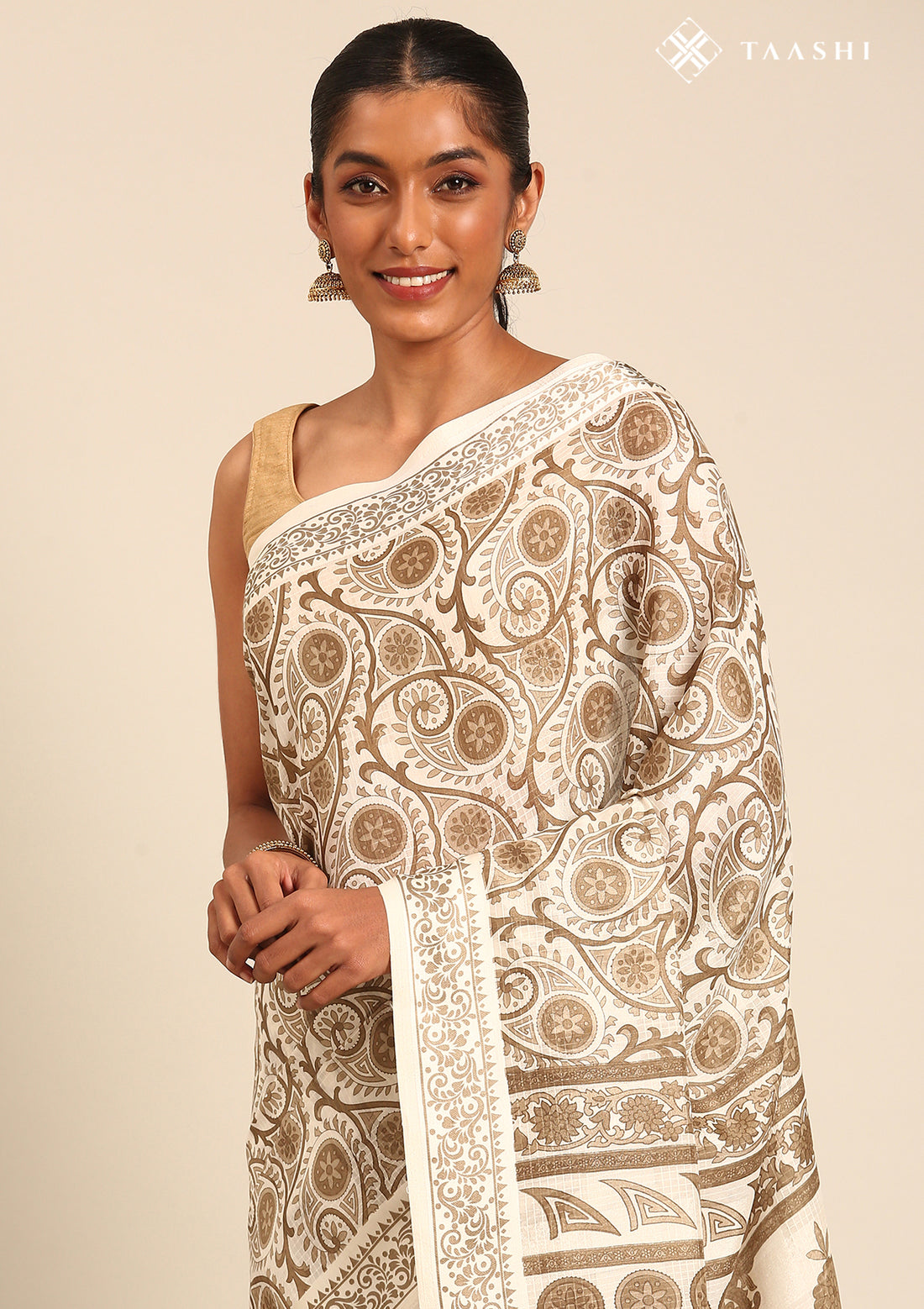 Cream And Heena Stylised A/O Paisley Pattern Linen Saree