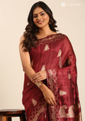 Maroon Zari Floral Butta Tussar Saree - Taashi