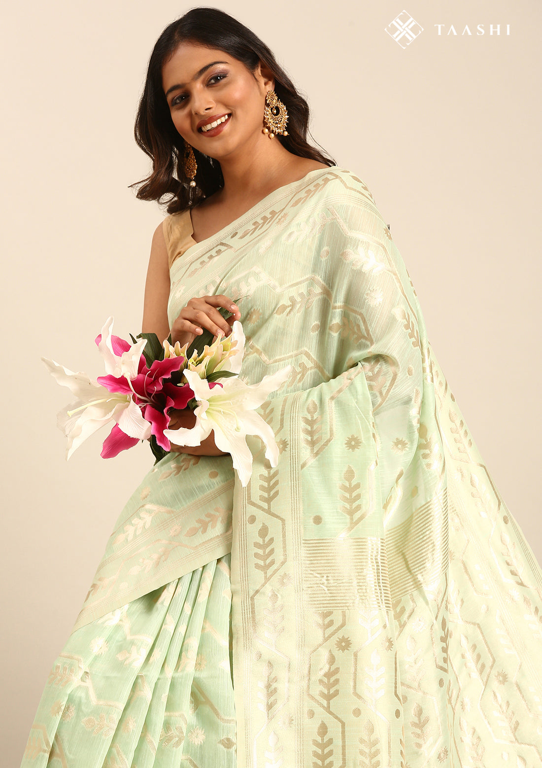 Pastel Green Geometric Floral Woven Tussar Saree
