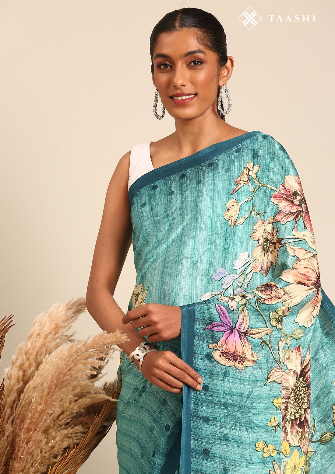 Teal Contemporary Printed Crepe Saree
