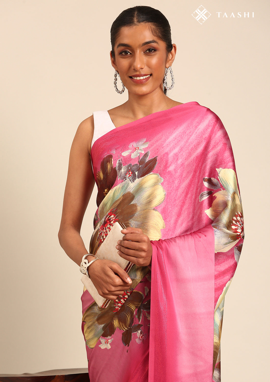 Pink Floral Digital Print Satin Saree