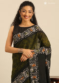 Olive Green And Black Batik Printed Cotton Saree - Taashi