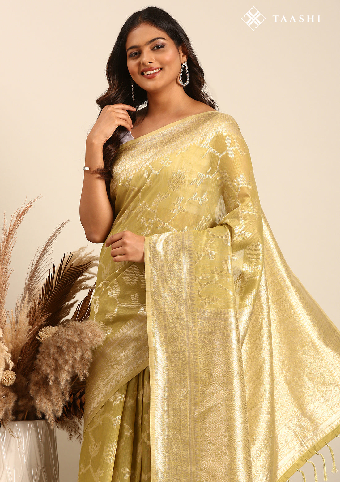 Pista Green Floral Woven Tussar Saree