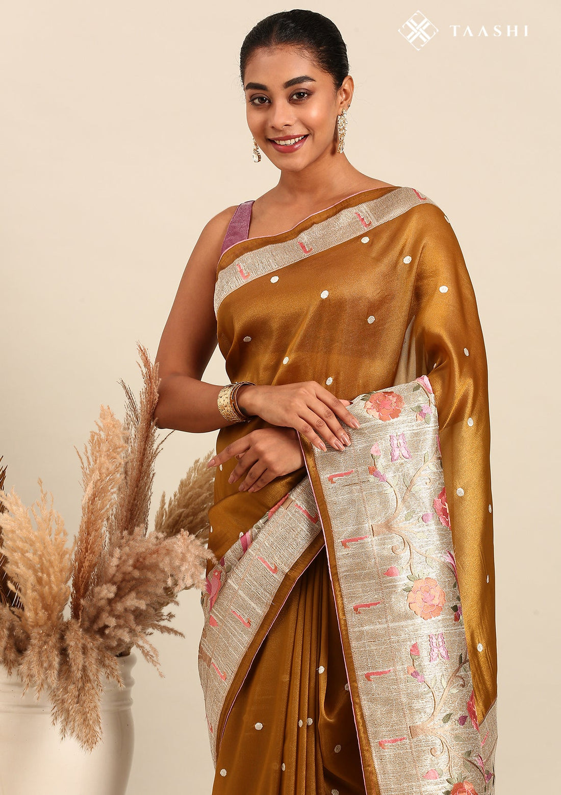 Amber Gold Tissue Contemporary Embroidered Saree