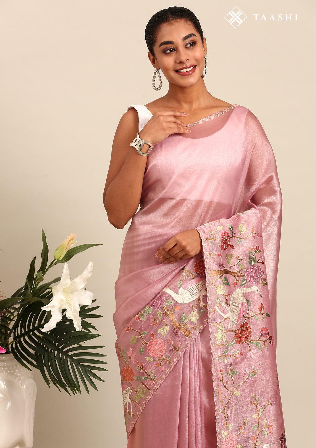 Dusty Pink Embroidered Tissue Saree