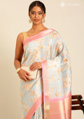 Blue And Pink Floral Printed Tissue Organza Saree - Taashi