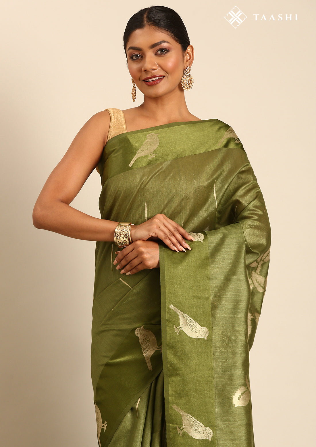 Olive Green Placement Jacquard Woven Tussar Saree