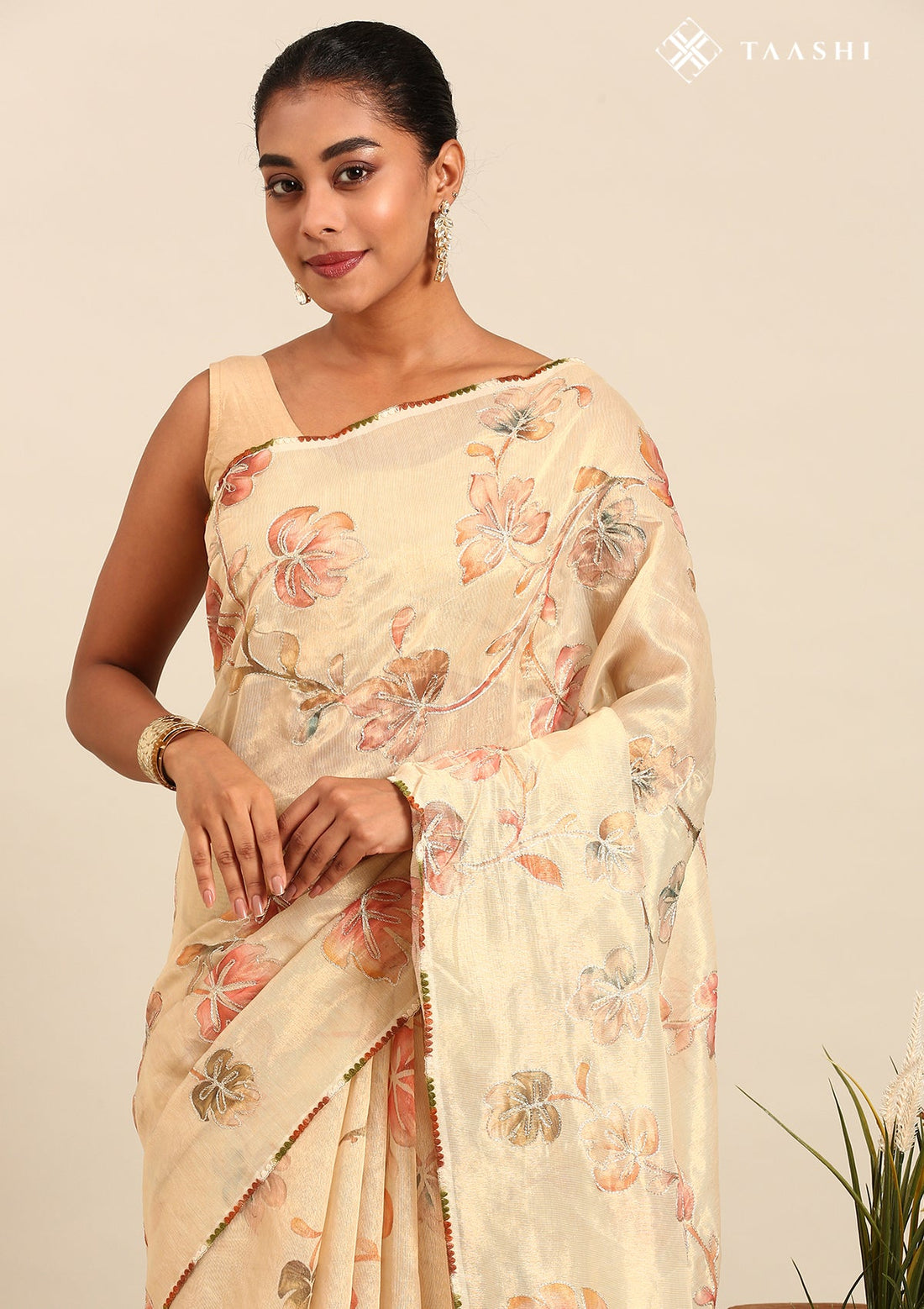 Beige Tissue Printed Embroidered Saree