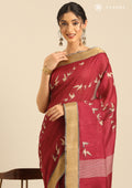 Dark Pink Bird Printed Tussar Saree - Taashi