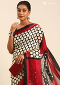 Black And Cream Polkadots Printed Chiffon Saree - Taashi