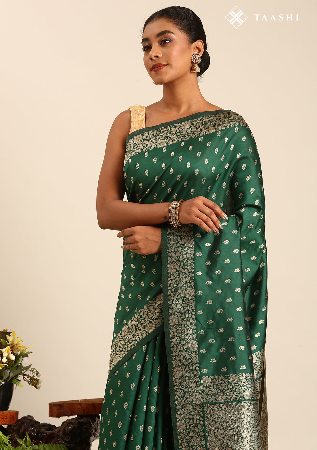 Dark Green Butta Woven Tussar Saree