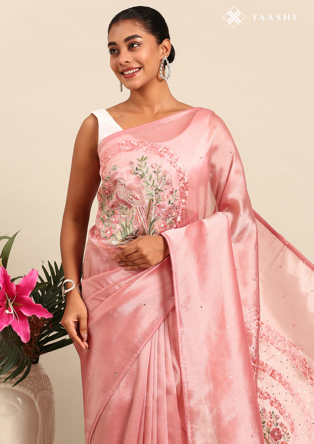 Pink Placement Embroidered Tissue Saree