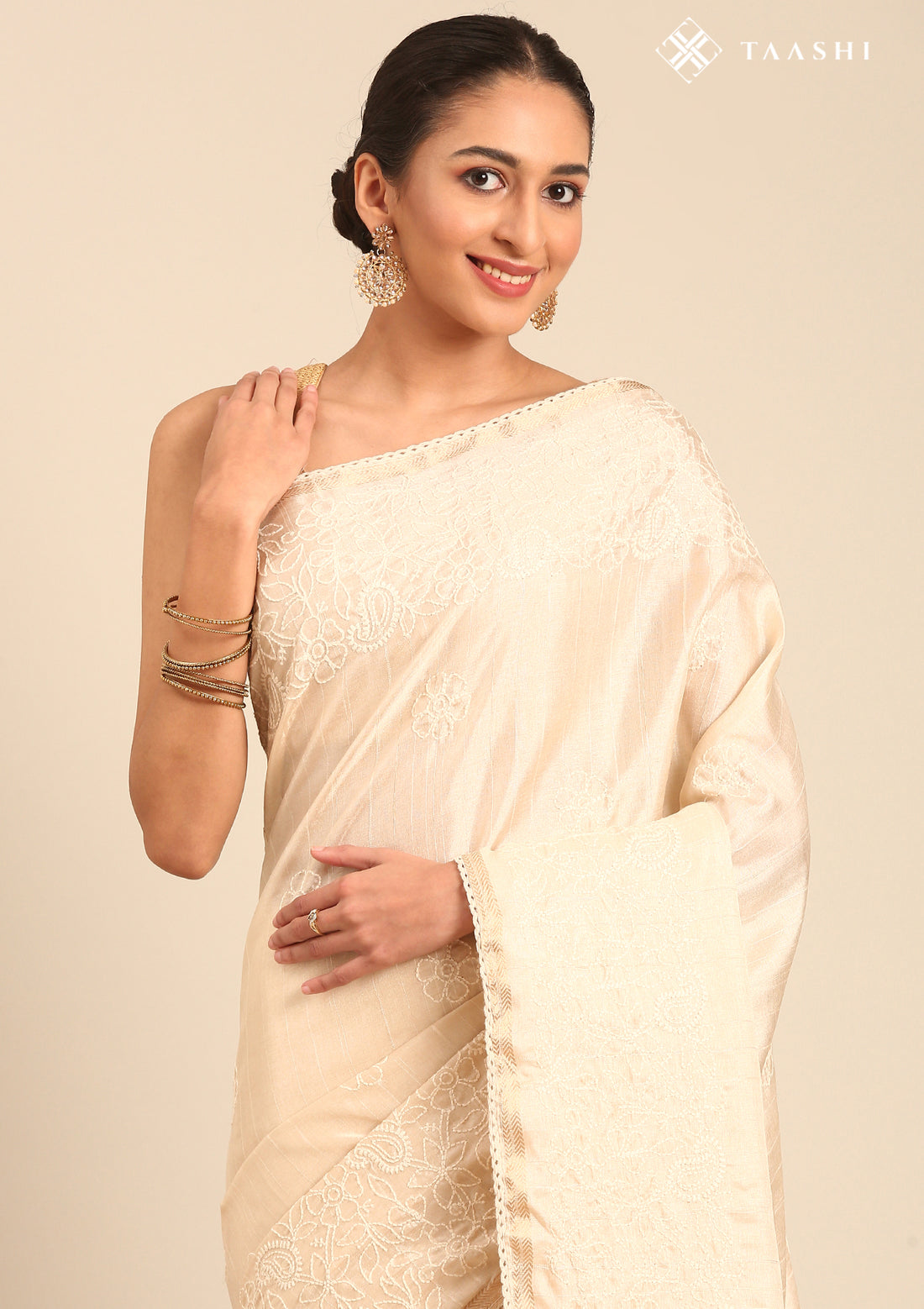 Cream Fancy Embroidery Tussar Saree
