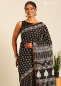 Black Batik Floral Butta Printed Cotton Saree - Taashi