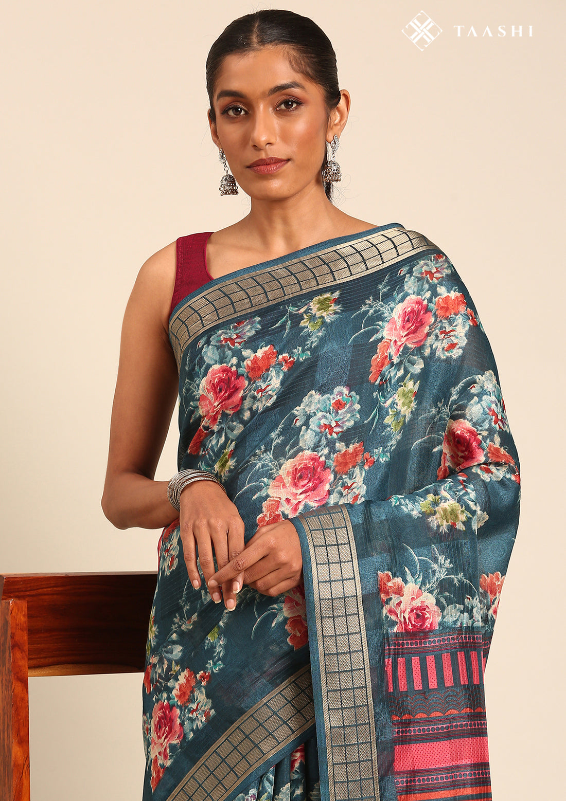 Teal Watercolor Floral Printed Tussar Saree