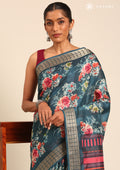 Teal Watercolor Floral Printed Tussar Saree - Taashi