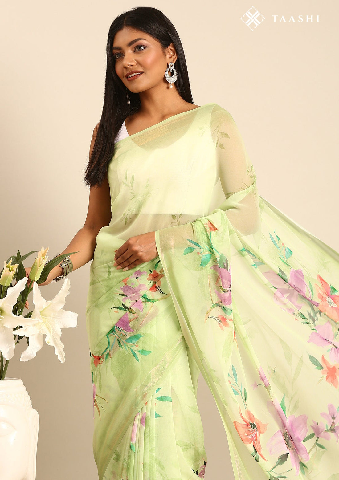 Lemon Green Georgette Contemporary Printed Saree