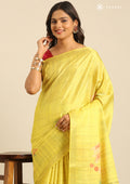 Yellow Floral Printed Zari Woven Tussar Saree - Taashi