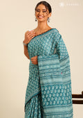 Teal Batik Floral Butta Printed Cotton Saree - Taashi