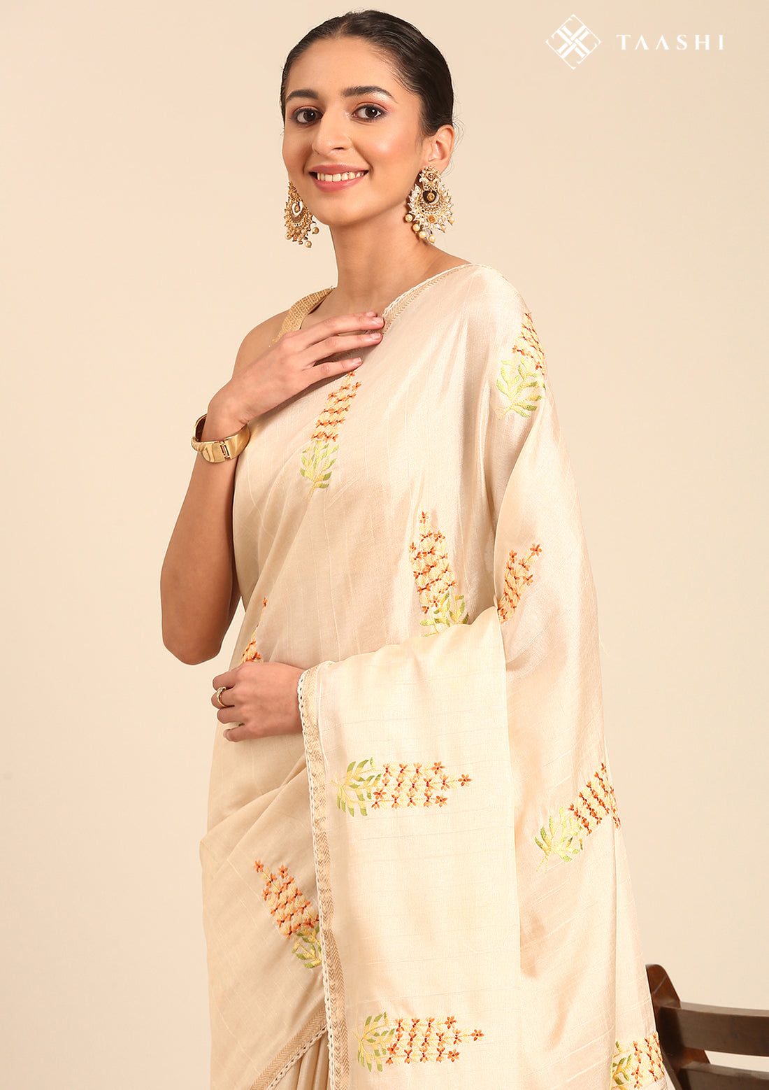 Cream Fancy Embroidery Tussar Saree