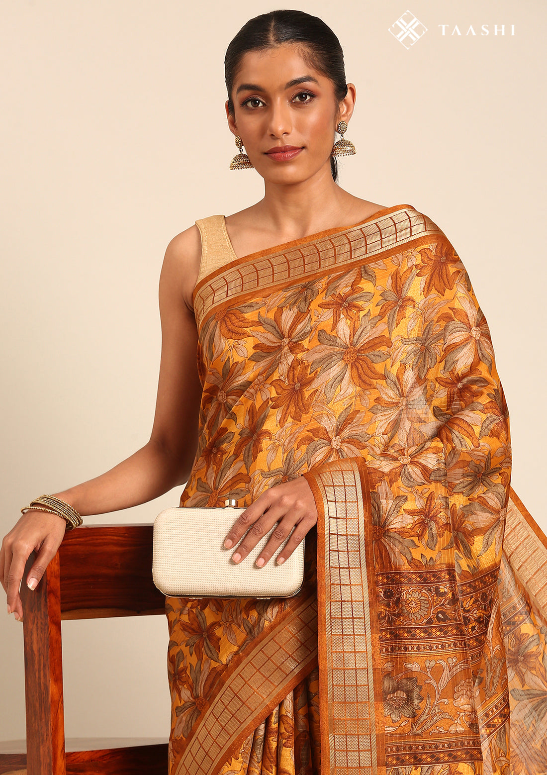 Mustard Yellow A/O Floral Printed Tussar Saree