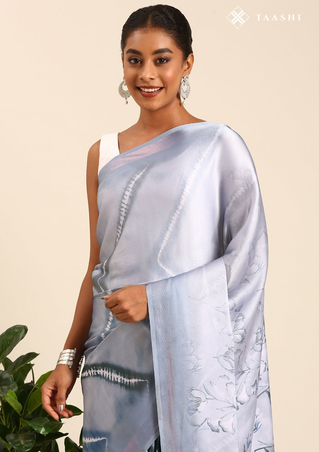 Powder Blue Satin Contemporary Printed Saree