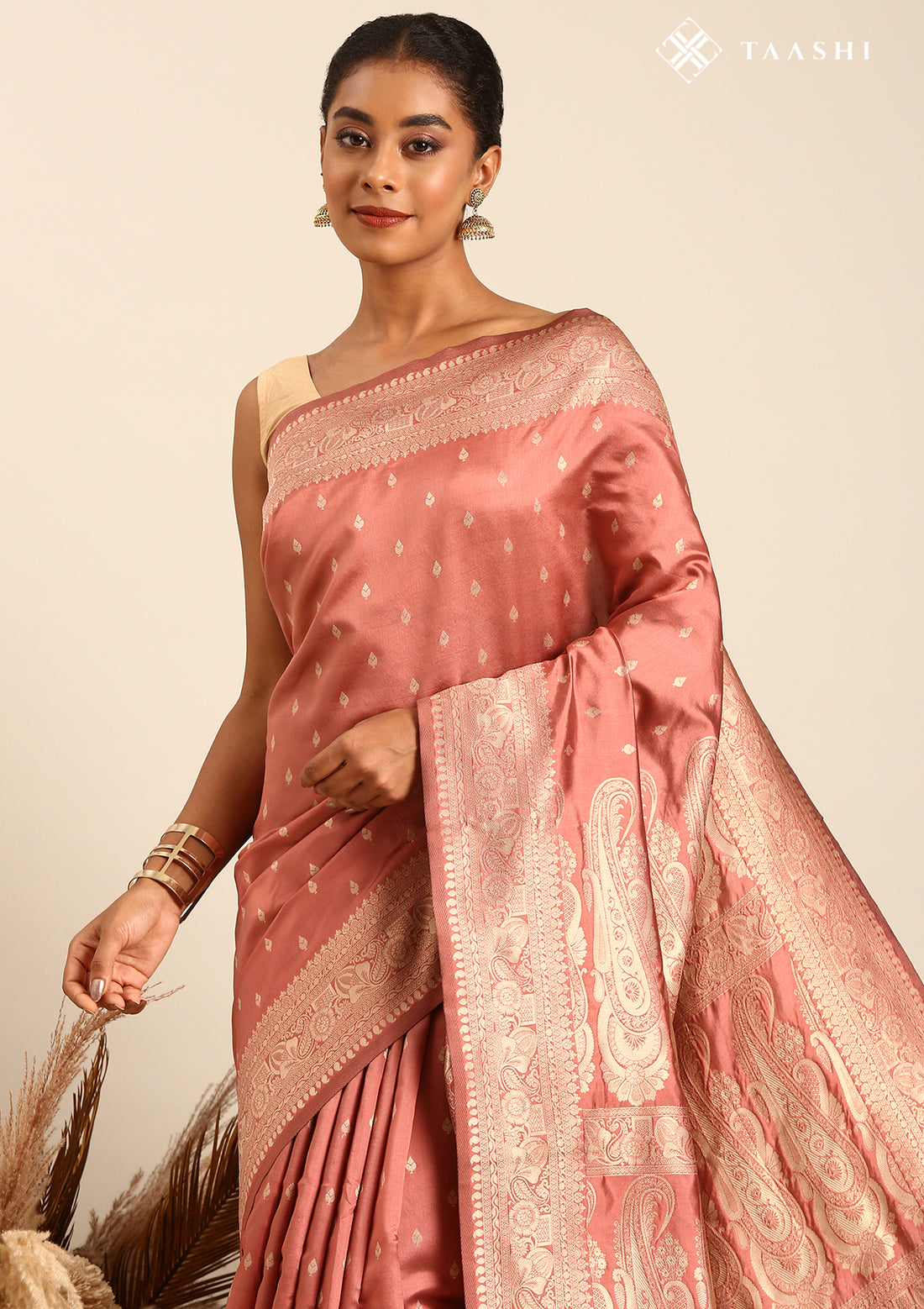 Dusty Dark Peach Traditional Pattern Woven Tussar Saree