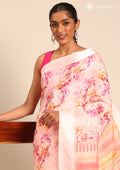 Pastel Pink Watercolor Floral Printed And Plaids Woven Linen Saree - Taashi