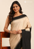 Beige Black Temple Bordered Digital Printed Tussar Saree - Taashi