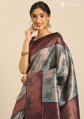 Dusty Blue Floral Tissue Brocade Silk Saree - Taashi
