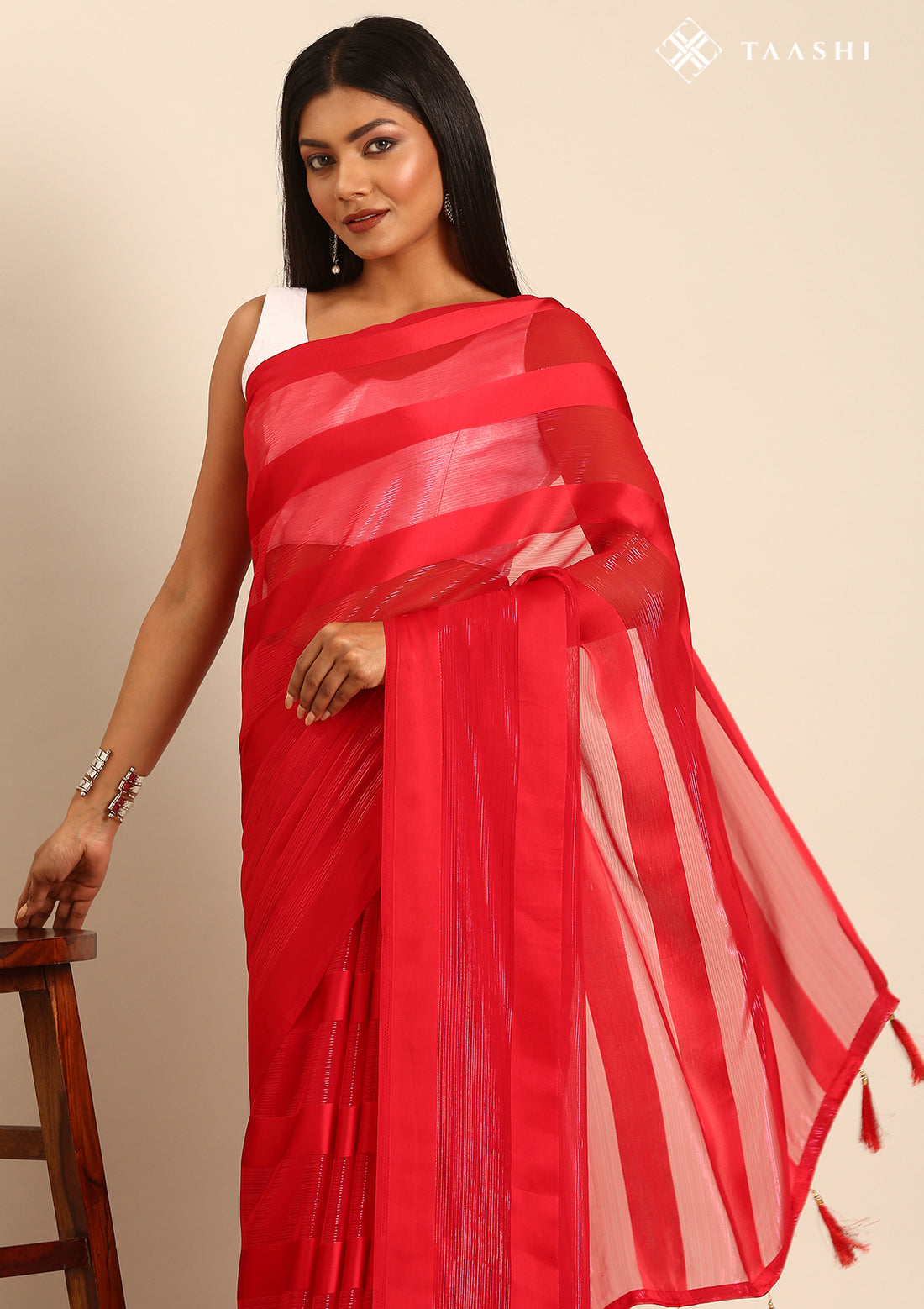 Red Striped Chiffon Saree