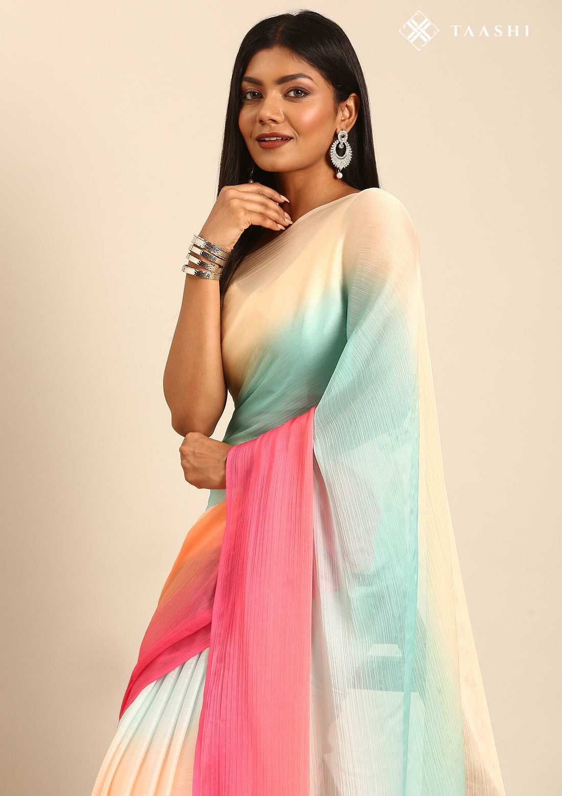 Multicolour Ombre Contemporary Woven Chiffon Saree