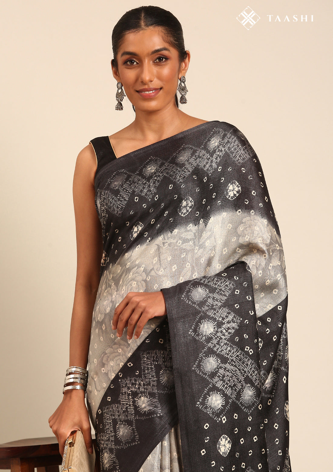 Grey Batik Printed Art Tussar Matka Silk Saree