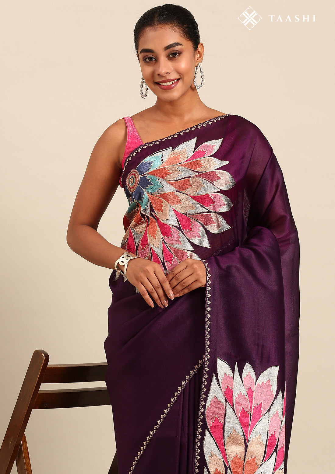 Purple Placement Embroidered Tissue Saree