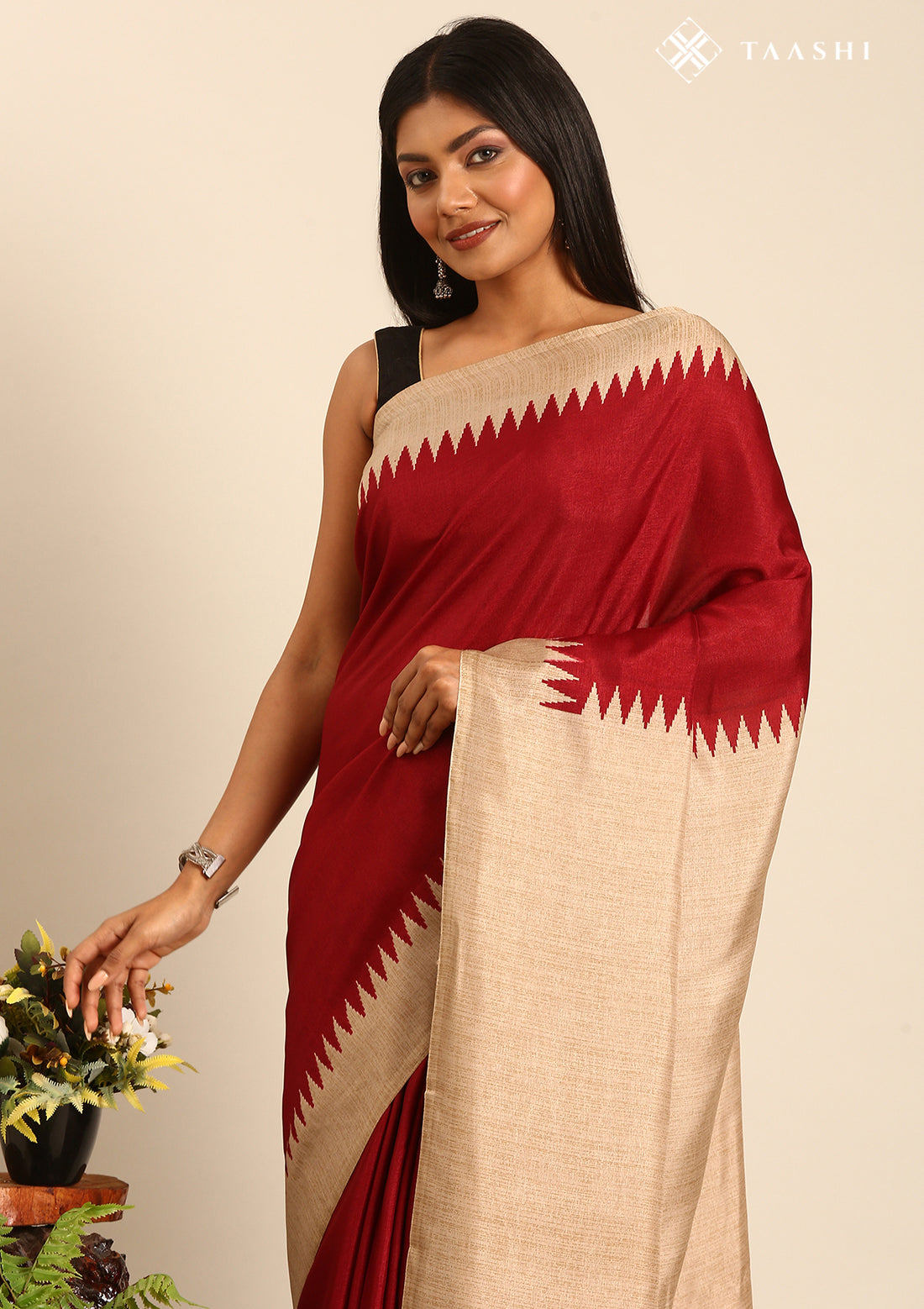 Maroon Temple Border Printed Tussar Saree