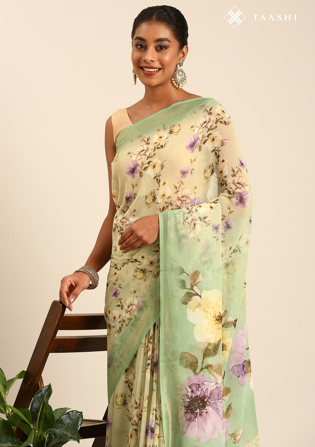 Pastel Green Georgette Contemporary Printed Saree