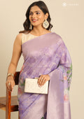 Mauve Floral Printed Zari Woven Organza Saree - Taashi