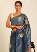 Metallic Blue Printed And EmbroideRed Organza Saree - Taashi