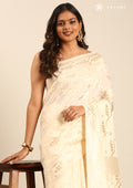 Cream Geometric Floral Woven Tussar Saree - Taashi