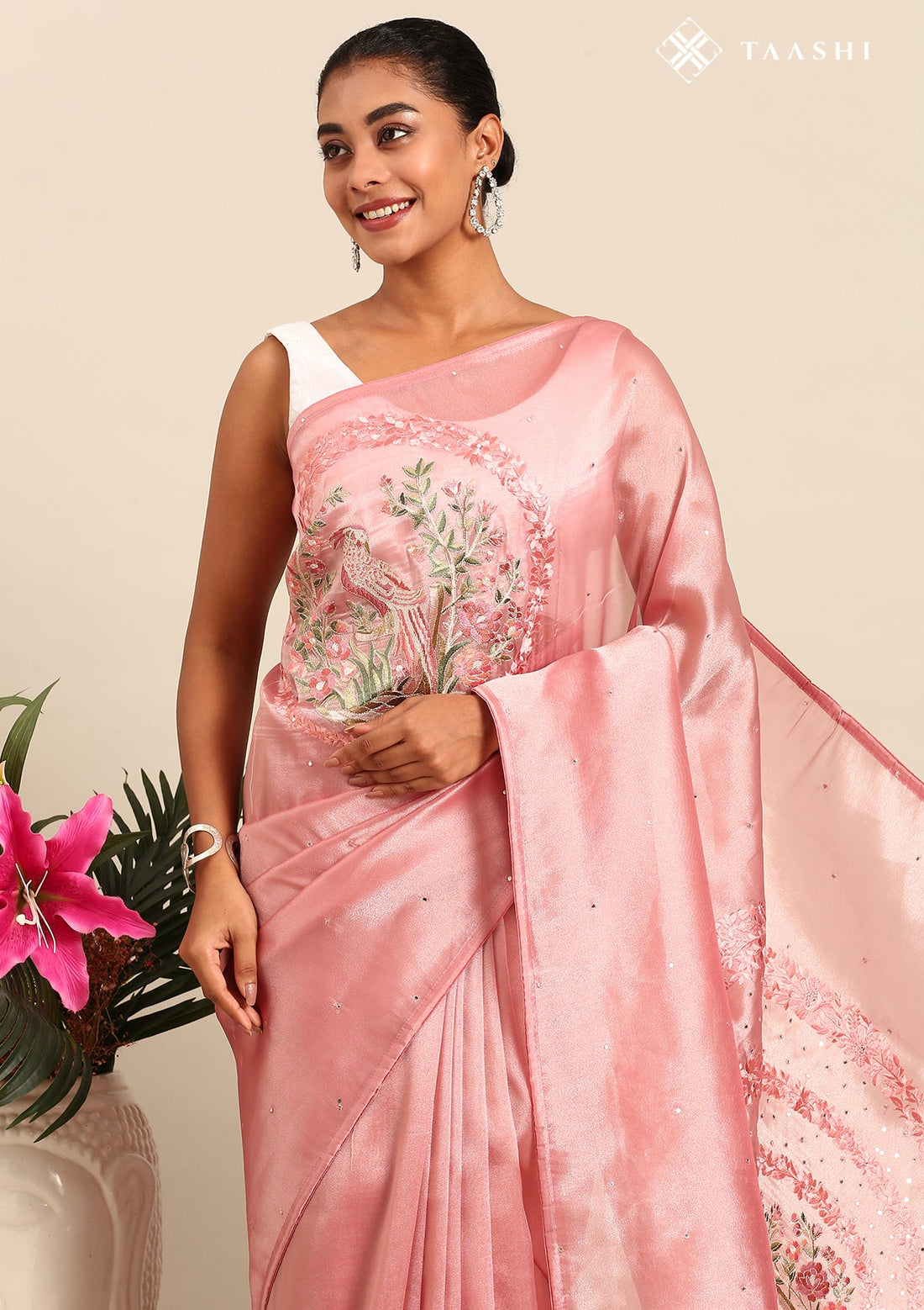 Dusty Blush Pink Tissue Contemporary Embroidered Saree